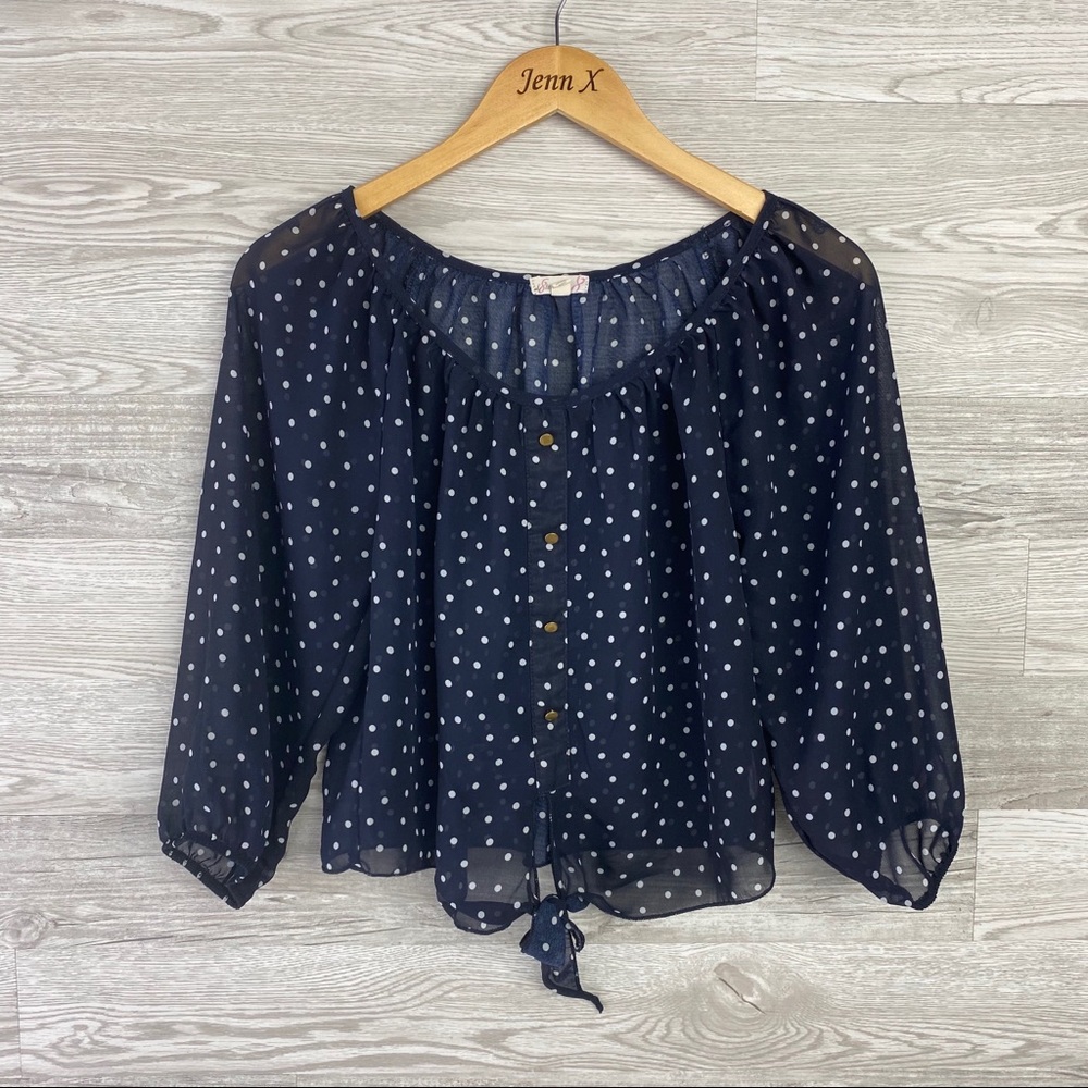 L8ter Dark Blue Polka Dot Front Tie Crop Blouse